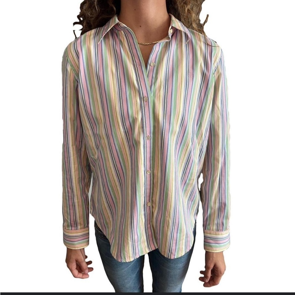 Lauren Ralph Lauren Petite M Dress Shirt Collared Button Up Oxford Stripe Cotton